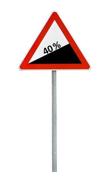 Triangle road sign dangerous descent on rod — Stock Photo, Image