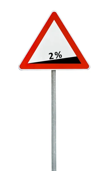 Triangle road sign dangerous descent on rod — Stock Photo, Image