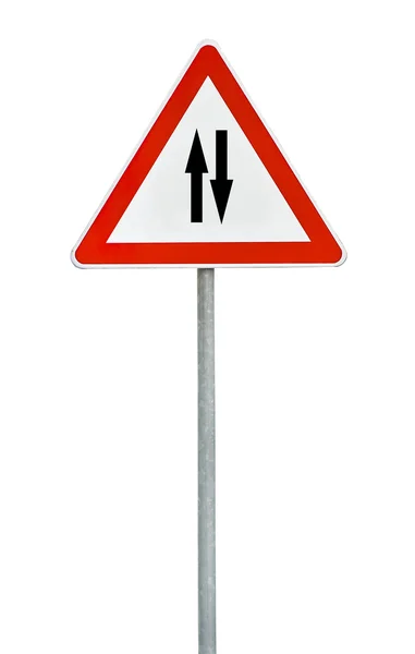 Triangle road sign two way traffic on rod — Stock Photo, Image