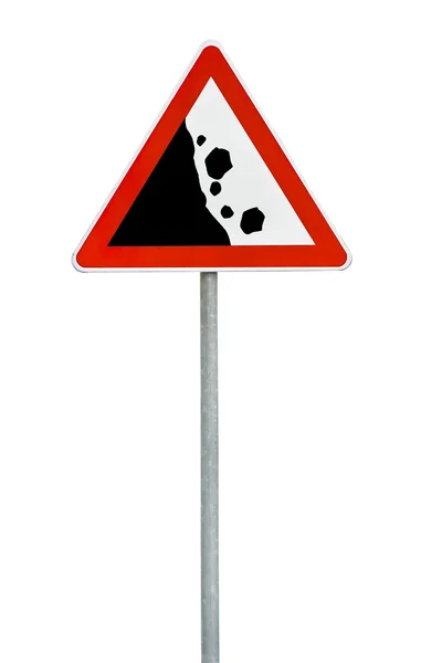 Triângulo sinal de estrada caindo pedras na haste — Fotografia de Stock