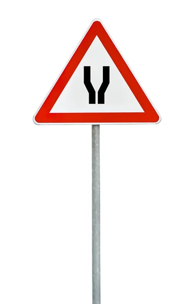 Triângulo sinal de estrada estreito na haste — Fotografia de Stock