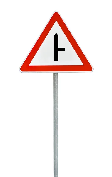 Triangle road sign right turn on rod — Stock Photo, Image