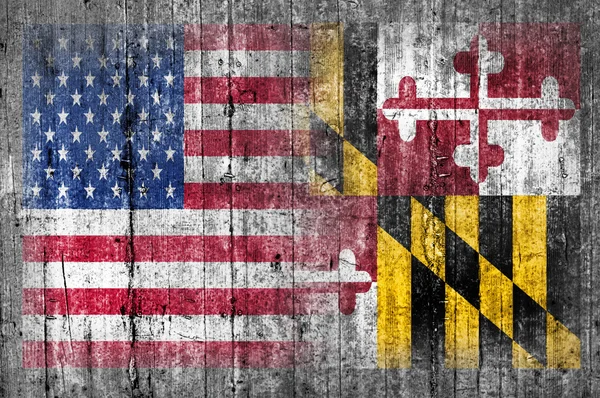 Vlajka USA a Maryland na betonovou zeď — Stock fotografie