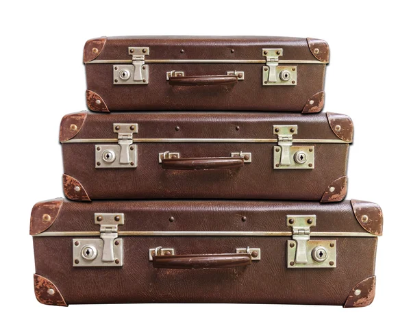 Три винтажных коричневый чемодан на белом фоне — стоковое фото
