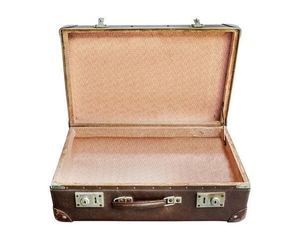 Vintage open brown suitcase on white background