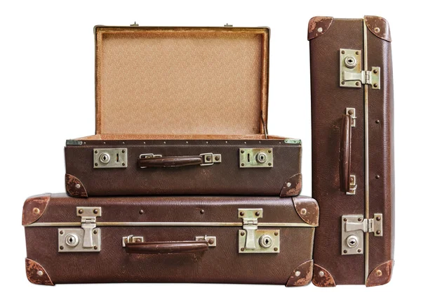 Valise ouverte et deux fermée vintage marron sur fond blanc — Photo