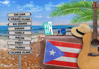 Concept of summer traveling with old suitcase and Puerto Rico town sign clipart