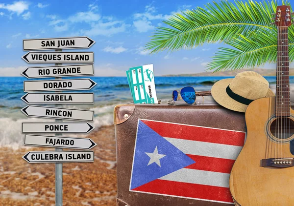 Concept of summer traveling with old suitcase and Puerto Rico town sign — Stock Photo, Image