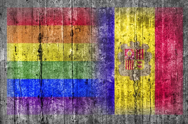 Bandera LGBT y Andorra en muro de hormigón — Foto de Stock