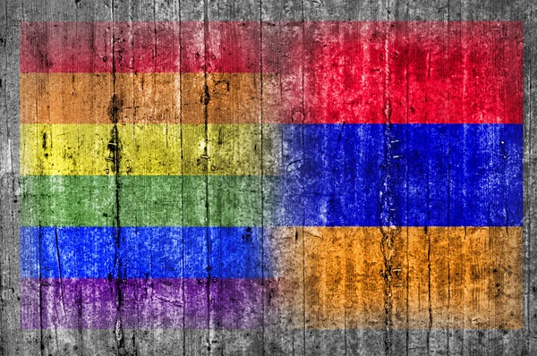 Bandera LGBT y Armenia en muro de hormigón — Foto de Stock