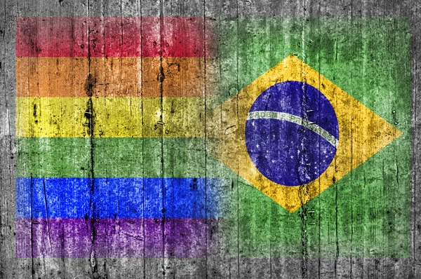 Bandeira LGBT e Brasil na parede de concreto — Fotografia de Stock