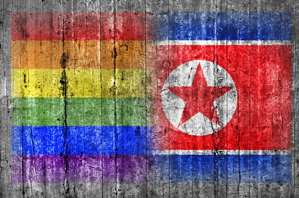 コンクリートの壁に Lgbt と北朝鮮の国旗 — ストック写真