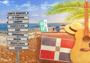 Concept of summer traveling with old suitcase and Dominican Republic town sign with burning sun clipart