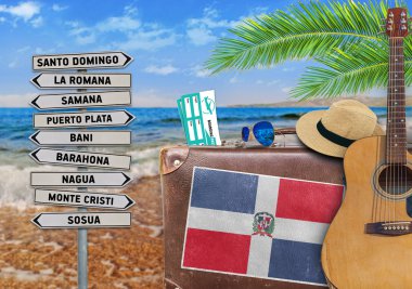Concept of summer traveling with old suitcase and Dominican Republic town sign clipart