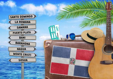 Concept of summer traveling with old suitcase and Dominican Republic town sign clipart