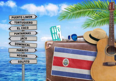 Concept of summer traveling with old suitcase and Costa Rica town sign clipart