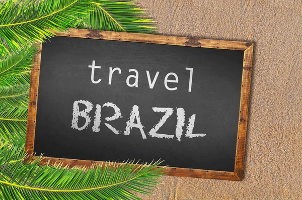 Cestování Brazílie palem a tabuli na písečné pláži — Stock fotografie