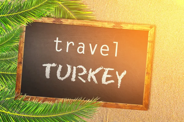 Поездка по Турции пальмы и доска на песчаном пляже — стоковое фото