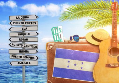 Concept of summer traveling with old suitcase and Honduras town sign clipart