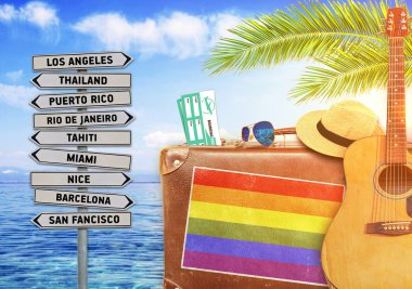 Concept of summer traveling with old suitcase and LGBT flag clipart