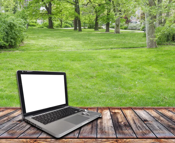 Terraço de madeira com PC e gramado — Fotografia de Stock