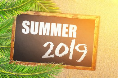 Palmiye ağaçları ve yaz tahtaya yazılmış 2019 