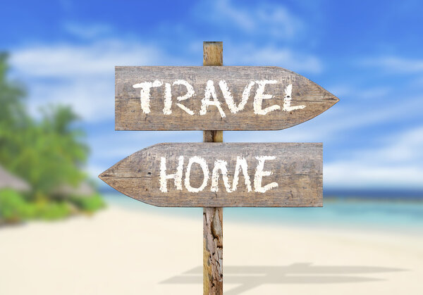 Wooden direction sign with travel and home