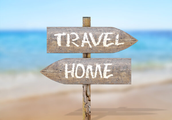 Wooden direction sign with travel and home