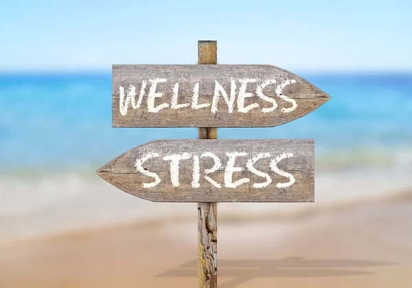 Fából készült irány jel, a wellness és a stressz — Stock Fotó