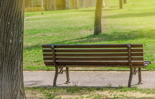 Ławka w parku na słoneczny dzień — Zdjęcie stockowe