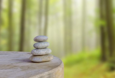Bulanık güzel orman arka plan üzerinde birkaç Zen taşları dengeli