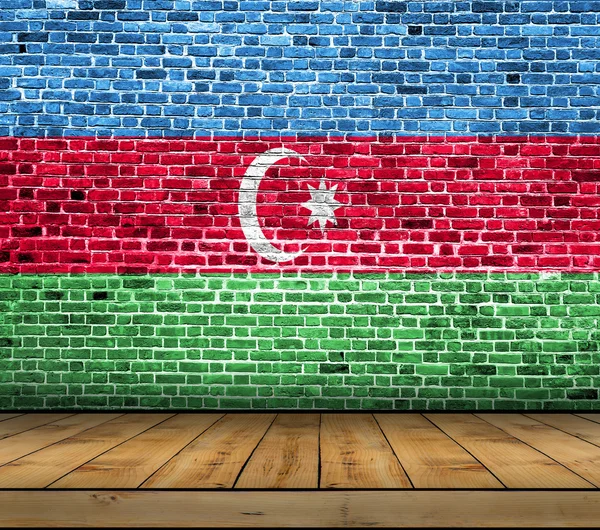 Azerbeijan σημαία ζωγραφισμένο σε τοίχο από τούβλα με ξύλινο πάτωμα — Φωτογραφία Αρχείου