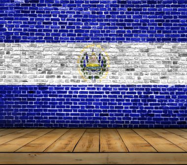 Tuğla duvar ahşap zemin ile boyanmış El Salvador bayrak