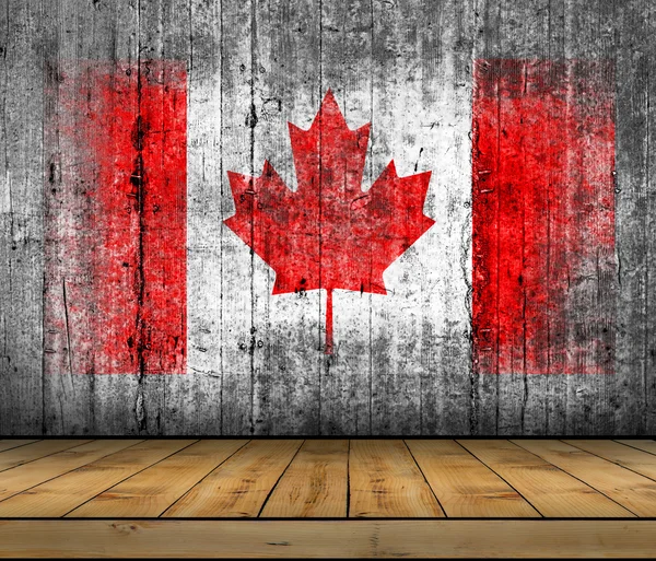 Bandera de Canadá pintada sobre fondo textura gris hormigón con piso de madera — Foto de Stock