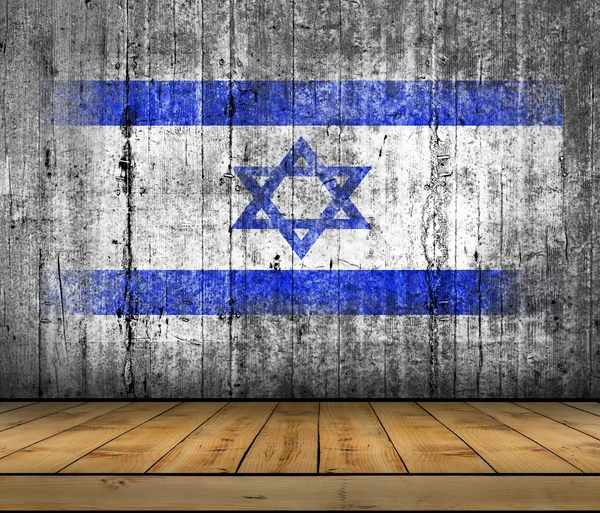 Bandera de Israel pintada sobre hormigón gris textura de fondo con piso de madera — Foto de Stock