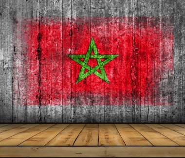 Arka plan doku gri üzerine ahşap zemin ile beton boyalı Marocco bayrak