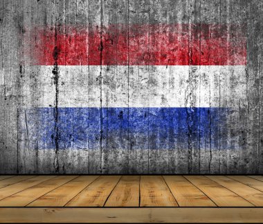 Arka plan doku gri üzerine ahşap zemin ile beton boyalı Hollanda bayrağı