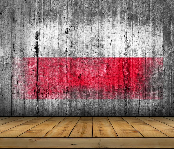 Bandera de Polonia pintada sobre fondo textura gris hormigón con suelo de madera — Foto de Stock