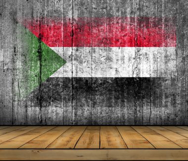 Arka plan doku gri üzerine ahşap zemin ile beton boyalı Sudan bayrağı
