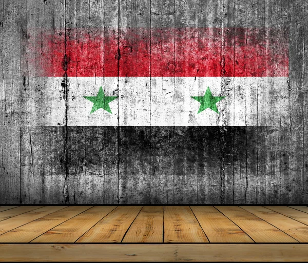 Syria flag painted on background texture gray concrete with wooden floor — Stock Photo, Image