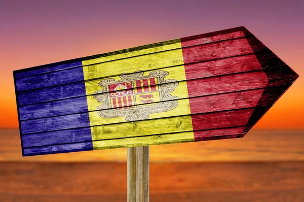 Andorra Flag wooden sign on beach background — Stock Photo, Image