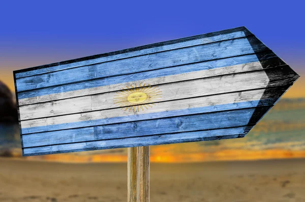 Argentinien Flagge Holzschild am Strand Hintergrund — Stockfoto