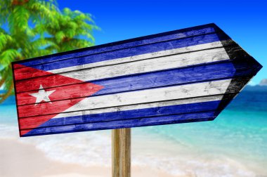 Cuba Flag wooden sign with beach background clipart