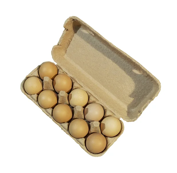 Kartong paketet, tio bruna ägg i en kartong paketet isolerad på vit — Stockfoto