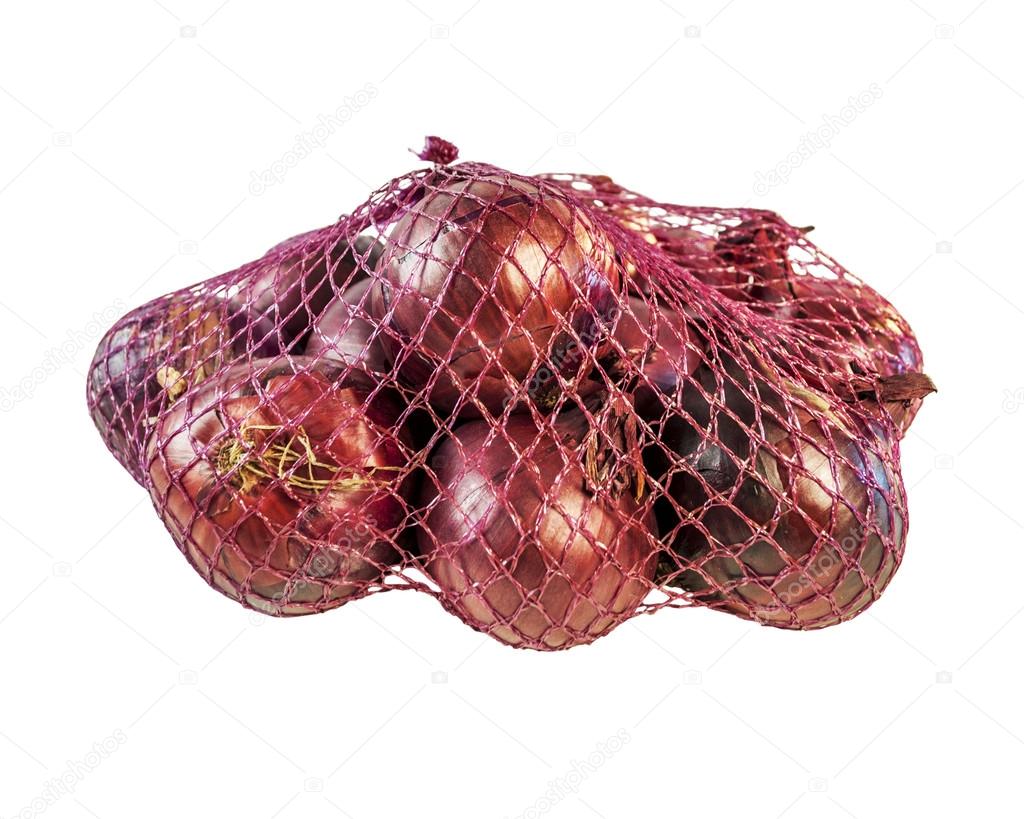 Fresh onions in package, isolated on white background