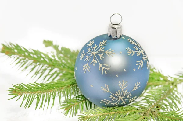 Blue christmas ball on green pine tree on white background — Stock Photo, Image