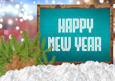 Happy New Year on blue blackboard with blurr city pine and snow clipart