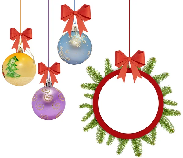 Several christmas decorative ball with bow and pine tree on white background — Stock Photo, Image