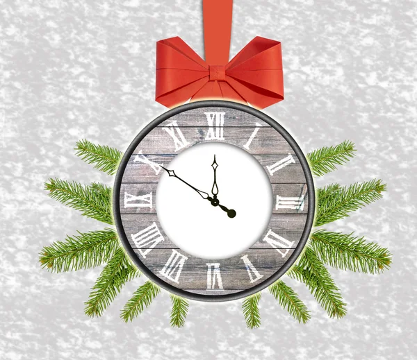 クリスマスの背景の時計の松の木と赤い弓新年あけましておめでとうございます — ストック写真