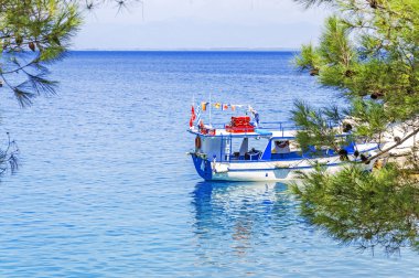 Eski bir taş duvar ve ağaçları Thassos Island, Yunanistan'ın kıyısındaki ile sahilde tekne